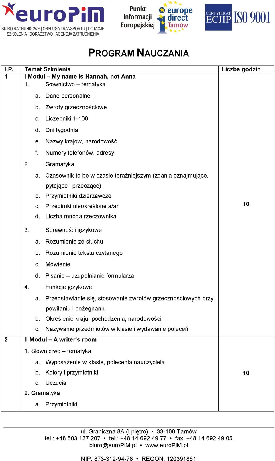 Przedimki nieokreślone a/an d. Liczba mnoga rzeczownika d. Pisanie uzupełnianie formularza a. Przedstawianie się, stosowanie zwrotów grzecznościowych przy powitaniu i pożegnaniu b.