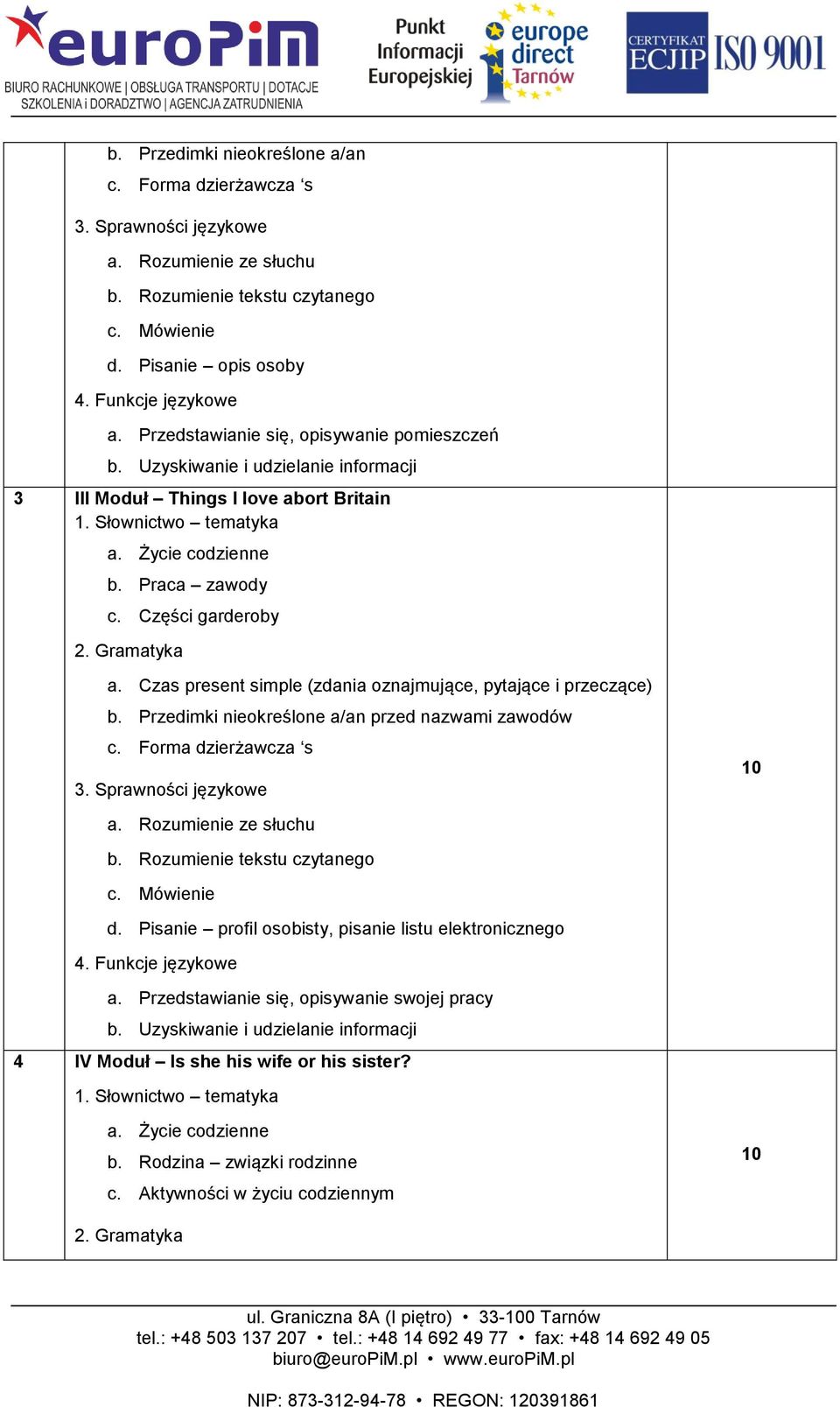 Czas present simple (zdania oznajmujące, pytające i przeczące) b. Przedimki nieokreślone a/an przed nazwami zawodów c. Forma dzierżawcza s d.