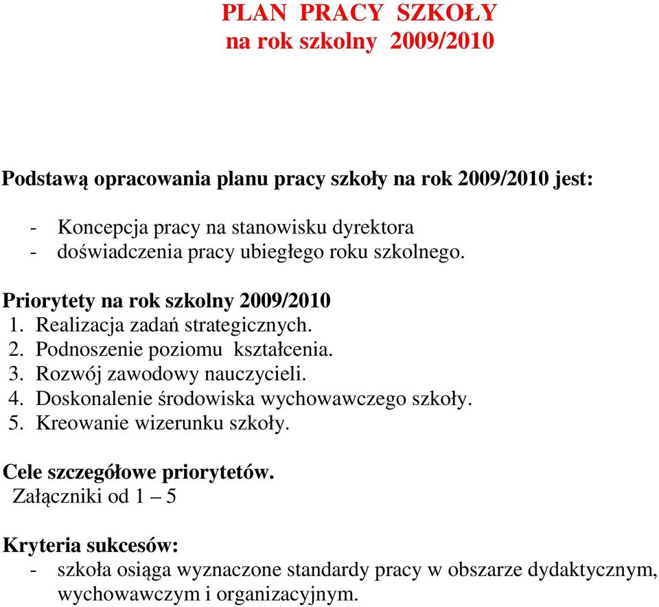 3. Rozwój zawodowy nauczycieli. 4. Doskonalenie środowiska wychowawczego szkoły. 5. Kreowanie wizerunku szkoły. Cele szczegółowe priorytetów.