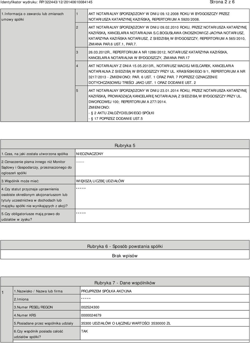 LARIA NOTARIALNA S.C.BOGUSŁAWA ONOSZKOWICZ-JACYNA NOTARIUSZ, KATARZYNA KAZIŃSKA NOTARIUSZ, Z SIEDZIBĄ W BYDGOSZCZY; REPERTORIUM A 565/2010, ZMIANA PAR.6 UST.1, PAR.7. 3 26.03.2012R.