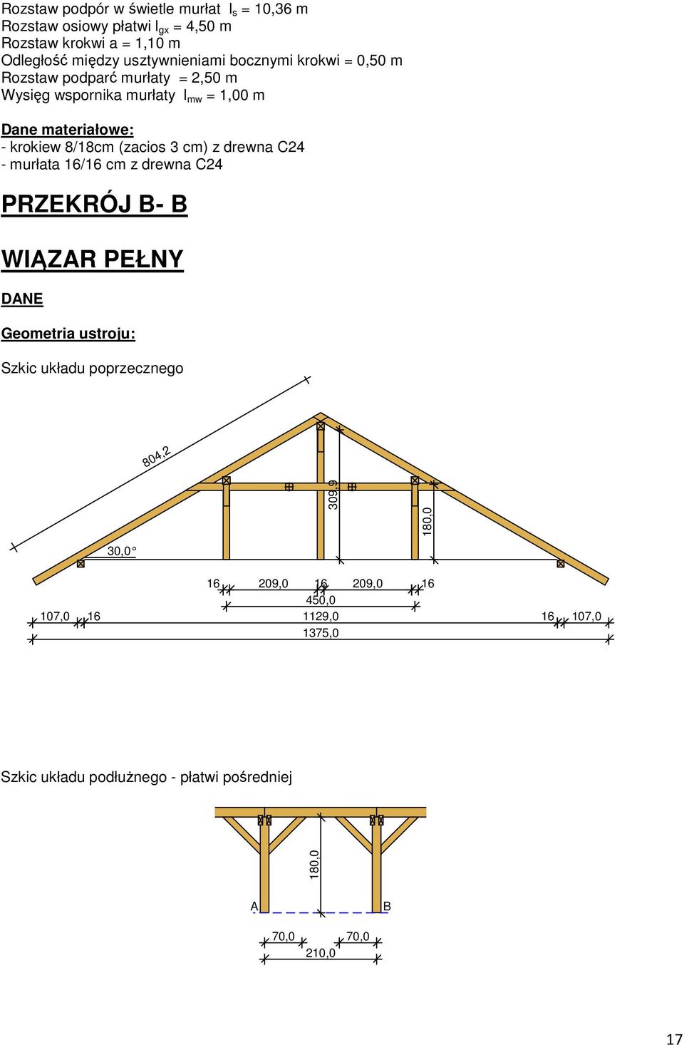 3 cm) z drewna C24 - murłata 16/16 cm z drewna C24 PRZERÓJ B- B WIĄZAR PEŁNY DANE Geometria ustroju: zkic układu poprzecznego 804,2 309,9