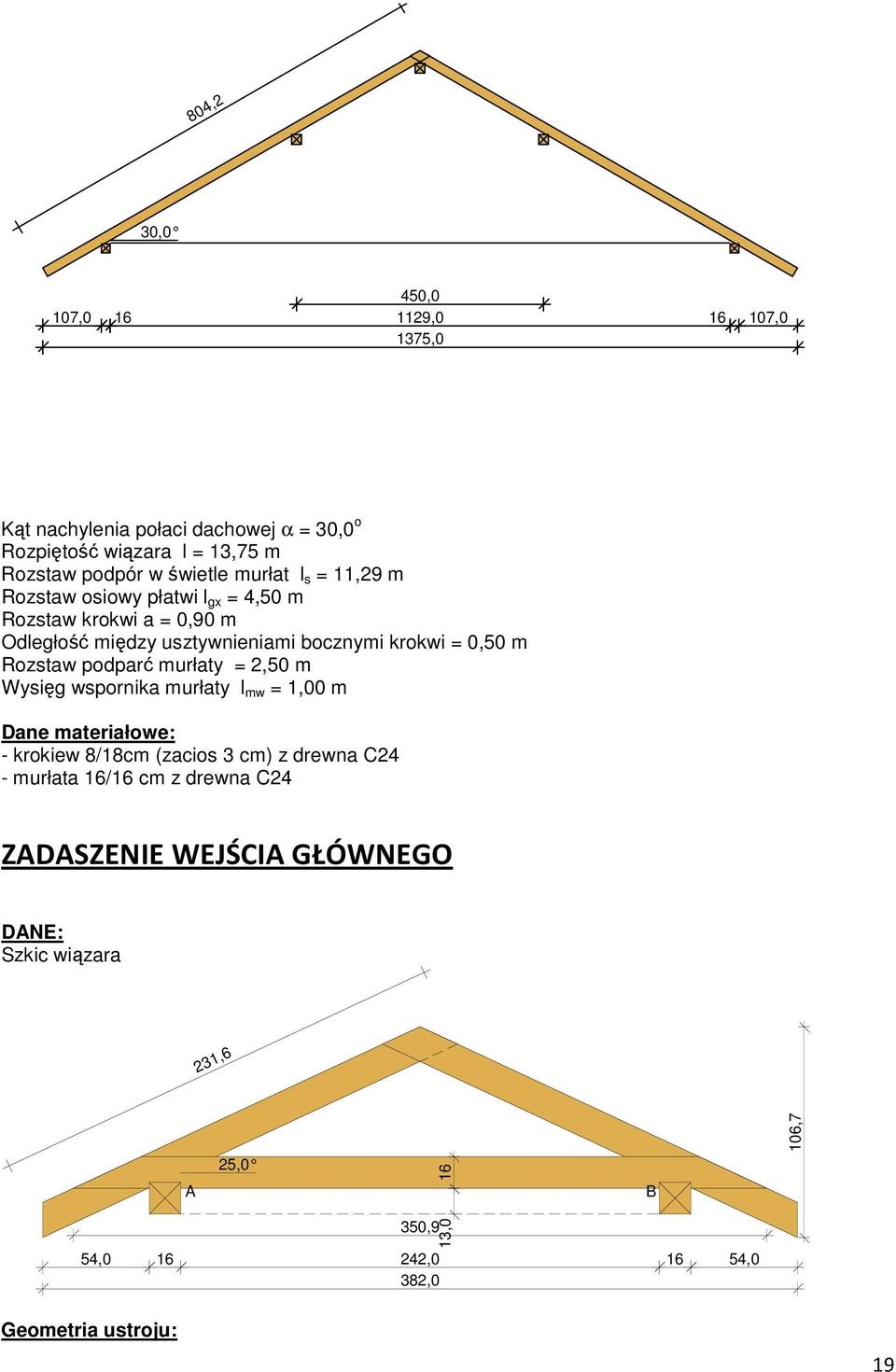 Rozstaw podparć murłaty = 2,50 m Wysięg wspornika murłaty l mw = 1,00 m Dane materiałowe: - krokiew 8/18cm (zacios 3 cm) z drewna C24 - murłata