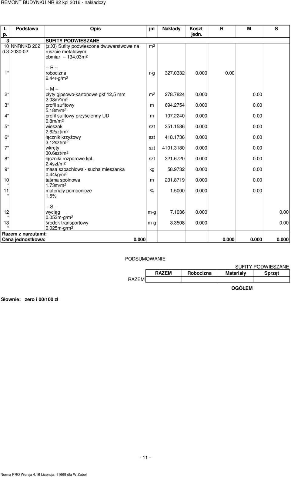 08 / 3 profil sufitowy 5.18m/ 4 profil sufitowy przyścienny UD 0.8m/ 5 wieszak 2.62szt/ 6 łącznik krzyżowy 3.12szt/ 7 wkręty 30.6szt/ 8 łączniki rozporowe kpl. 2.4szt/ 9 masa szpachlowa - sucha mieszanka 0.