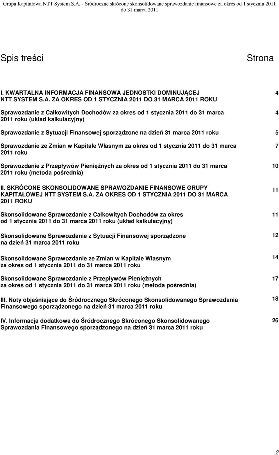 roku (układ kalkulacyjny) 4 4 Sprawozdanie z Sytuacji Finansowej sporządzone na dzień 31 marca 2011 roku 5 Sprawozdanie ze Zmian w Kapitale Własnym za okres od 1 stycznia 2011 do 31 marca 2011 roku