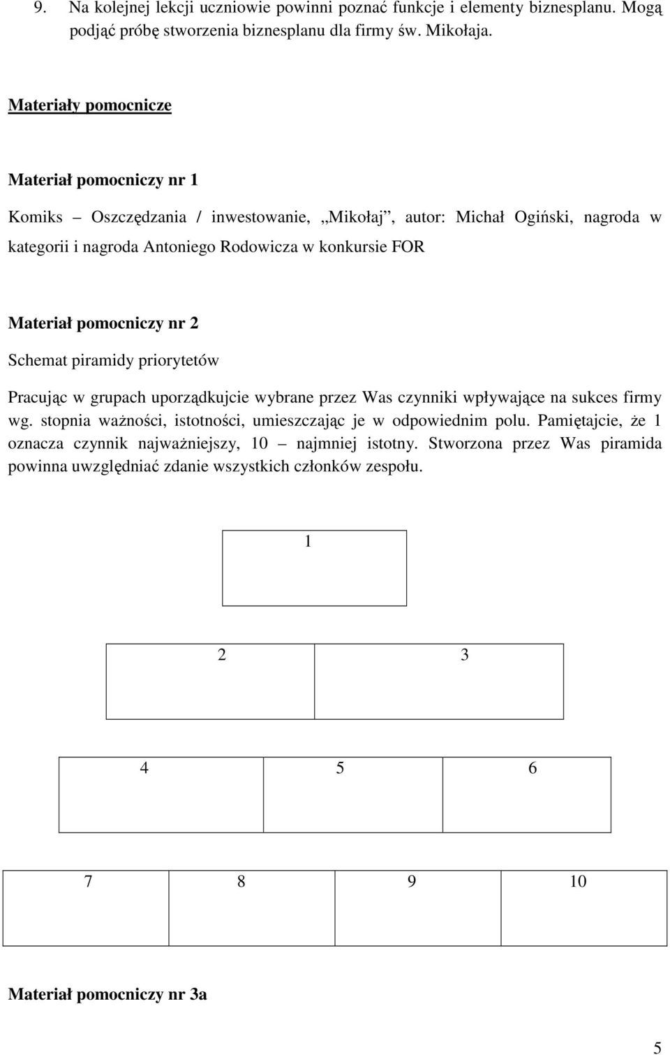 Materiał pomocniczy nr 2 Schemat piramidy priorytetów Pracując w grupach uporządkujcie wybrane przez Was czynniki wpływające na sukces firmy wg.