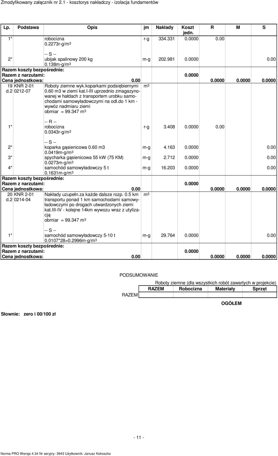 0000 0.00 -g 2.712 0.0000 0.00 -g 16.203 0.0000 0.00 2* koparka gąsienicowa 0.60 3 0.0419-g/ 3* spycharka gąsienicowa 55 kw (75 KM) 0.0273-g/ 4* saochód saowyładowczy 5 t 0.1631-g/ 20 d.