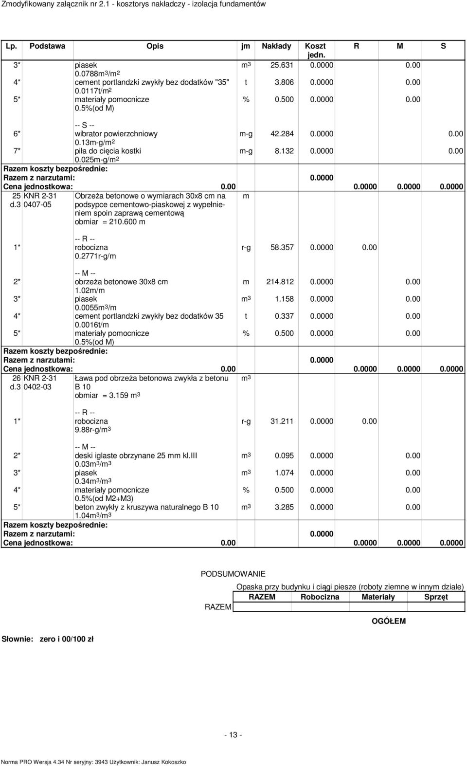 3 KNR 2-31 0407-05 Obrzeża betonowe o wyiarach 30x8 c na podsypce ceentowo-piaskowej z wypełnienie spoin zaprawą ceentową obiar = 210.600 0.2771r-g/ r-g 58.357 0.0000 0.