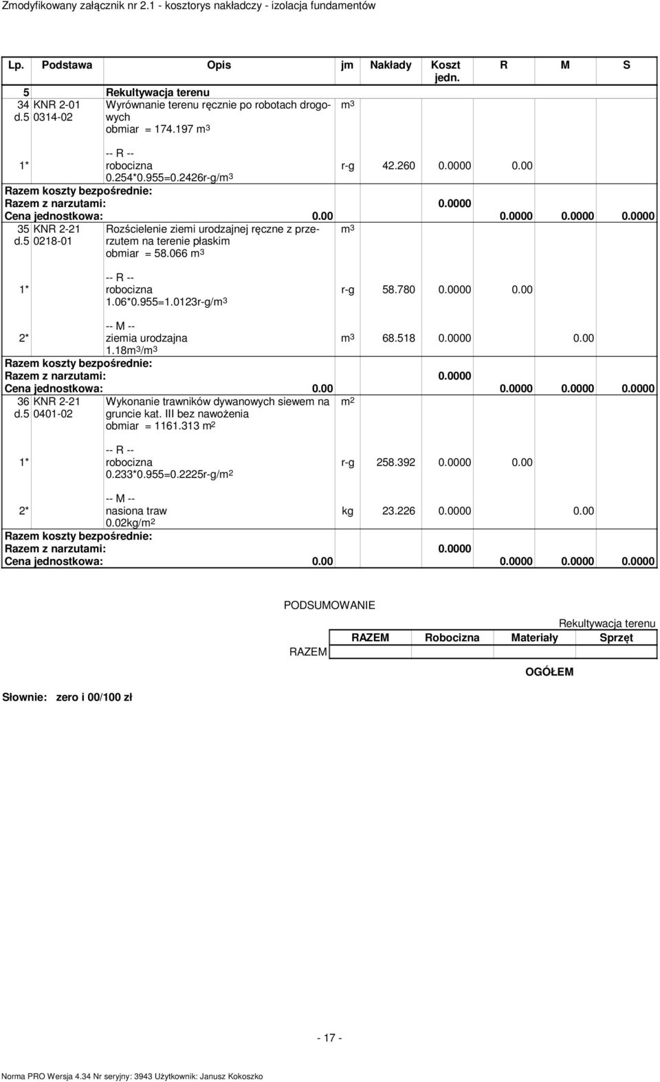 0000 0.00 2* zieia urodzajna 1.18 / 36 d.5 KNR 2-21 0401-02 Wykonanie trawników dywanowych siewe na gruncie kat. III bez nawożenia obiar = 1161.313 0.233*0.955=0.