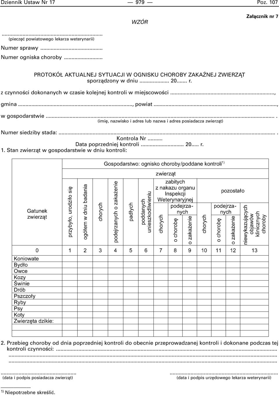.., w gospodarstwie.... (imi, nazwisko i adres lub nazwa i adres posiadacza zwierzàt) Numer siedziby stada:.... Kontrola Nr... Data poprzedniej kontroli... 20... r. 1.