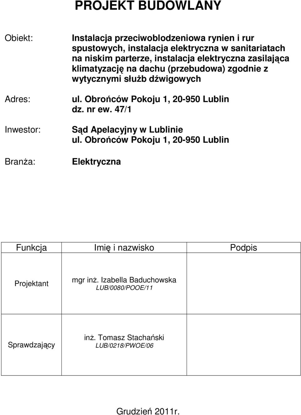 Obrońców Pokoju 1, 20-950 Lublin dz. nr ew. 47/1 Sąd Apelacyjny w Lublinie ul.