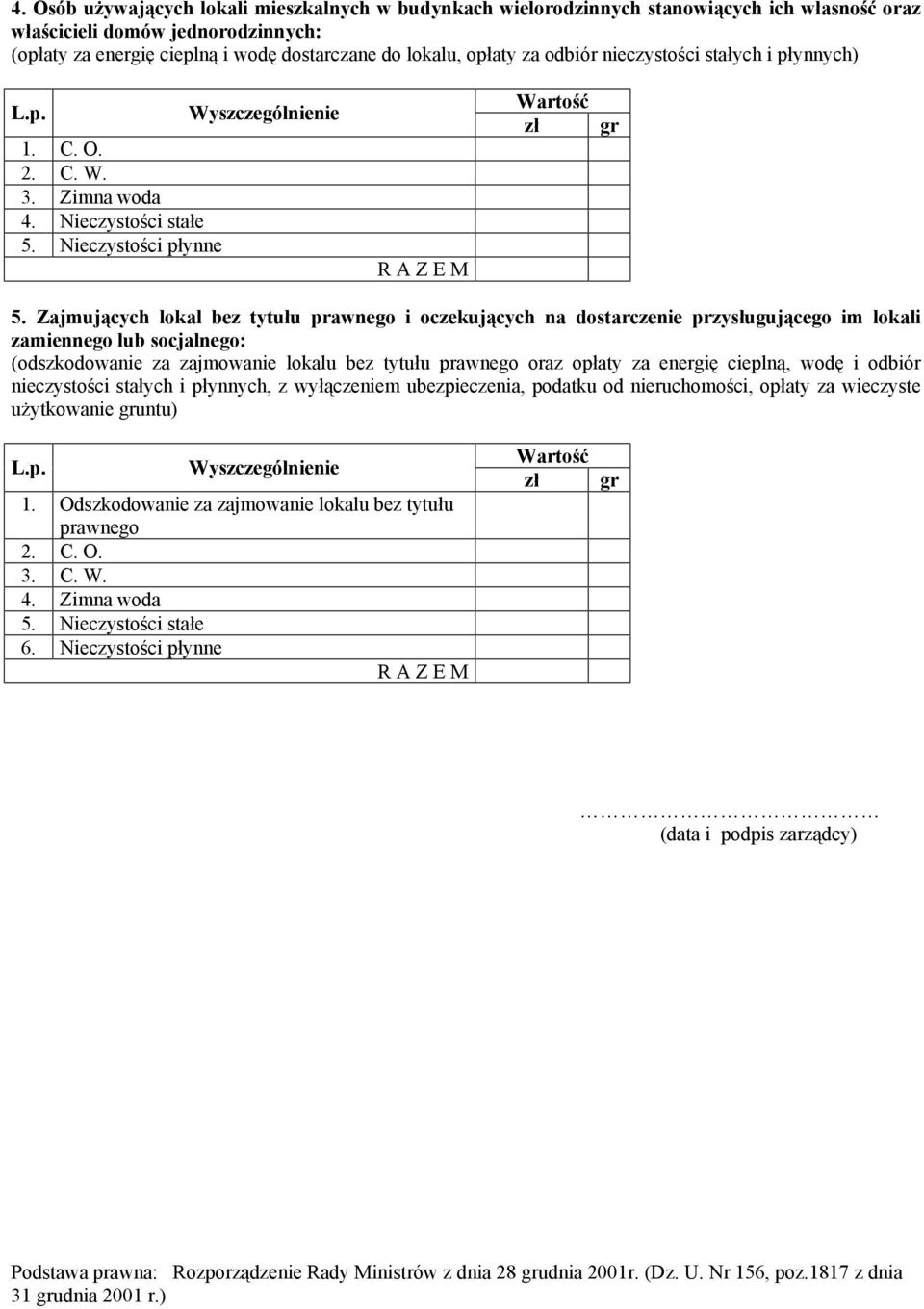 Zajmujących lokal bez tytułu prawnego i oczekujących na dostarczenie przysługującego im lokali zamiennego lub socjalnego: (odszkodowanie za zajmowanie lokalu bez tytułu prawnego oraz opłaty za