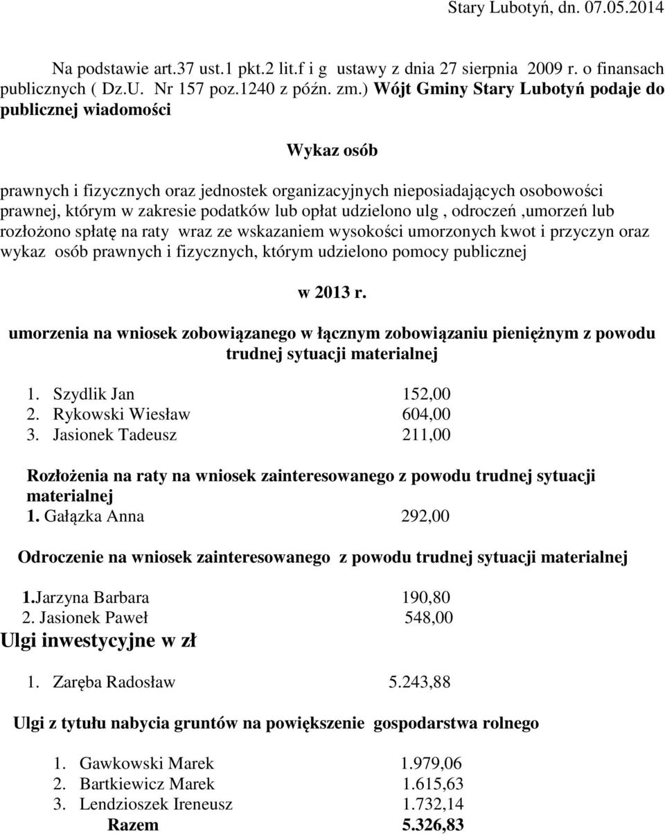 udzielono ulg, odroczeń,umorzeń lub rozłożono spłatę na raty wraz ze wskazaniem wysokości umorzonych kwot i przyczyn oraz wykaz osób prawnych i fizycznych, którym udzielono pomocy publicznej w 2013 r.