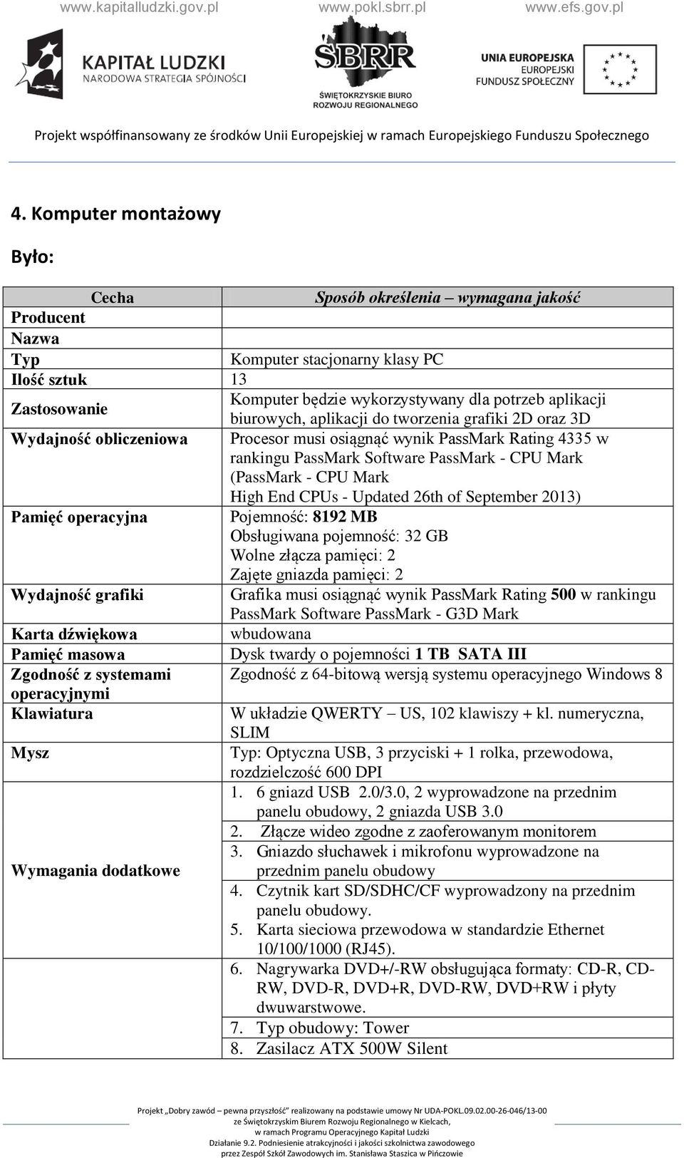 grafiki Grafika musi osiągnąć wynik PassMark Rating 500 w rankingu PassMark Software PassMark - G3D Mark wbudowana Dysk twardy o pojemności 1 TB SATA III Zgodność z systemami Zgodność z 64-bitową