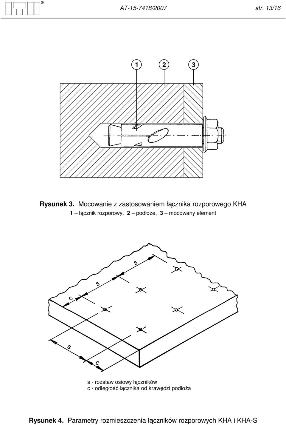 rozporowy, 2 podłoŝe, 3 mocowany element s - rozstaw osiowy łączników