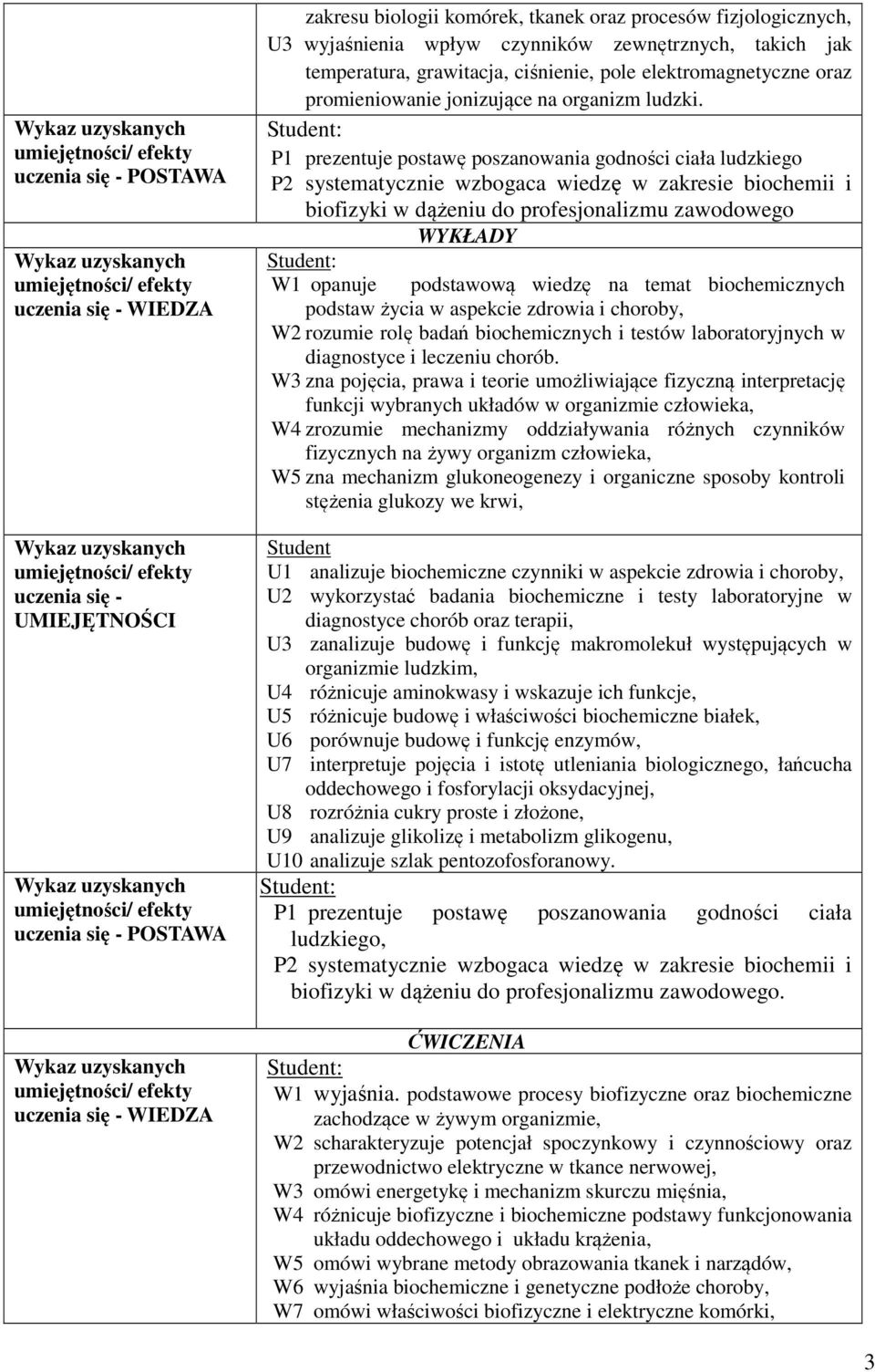 P prezentuje postawę poszanowania godności ciała ludzkiego P systematycznie wzbogaca wiedzę w zakresie biochemii i biofizyki w dążeniu do profesjonalizmu zawodowego WYKŁADY W opanuje podstawową