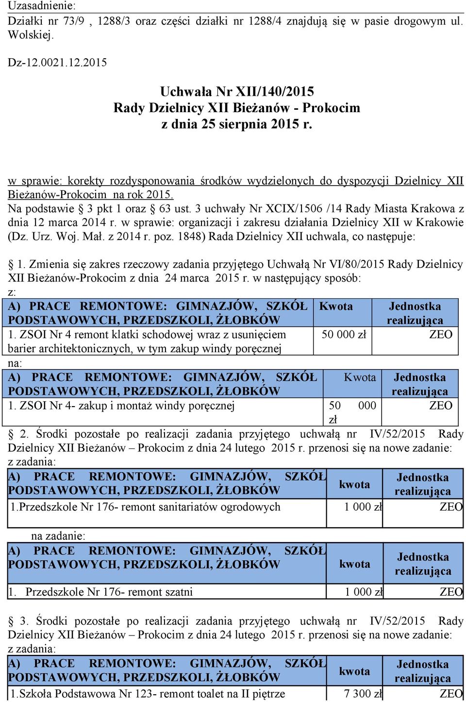 z 2014 r. poz. 1848) Rada Dzielnicy XII uchwala, co następuje: Zmienia się zakres rzeczowy zadania przyjętego Uchwałą Nr VI/80/2015 Rady Dzielnicy XII z dnia 24 marca 2015 r.