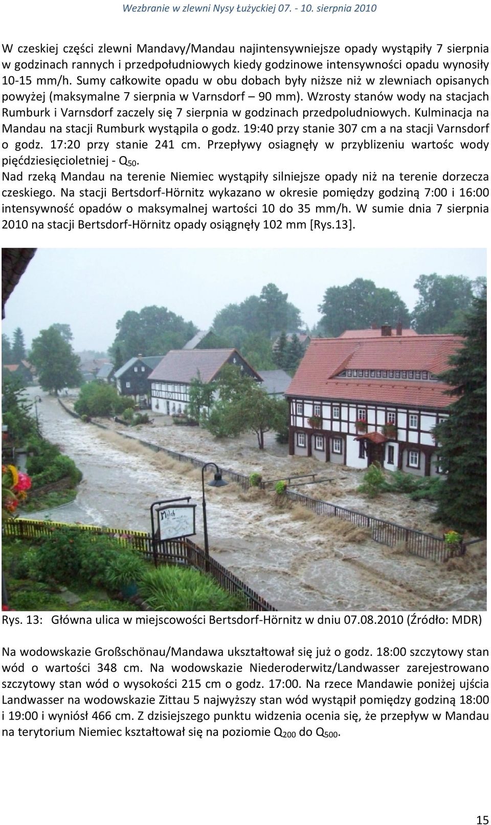 Wzrosty stanów wody na stacjach Rumburk i Varnsdorf zaczely się 7 sierpnia w godzinach przedpoludniowych. Kulminacja na Mandau na stacji Rumburk wystąpila o godz.