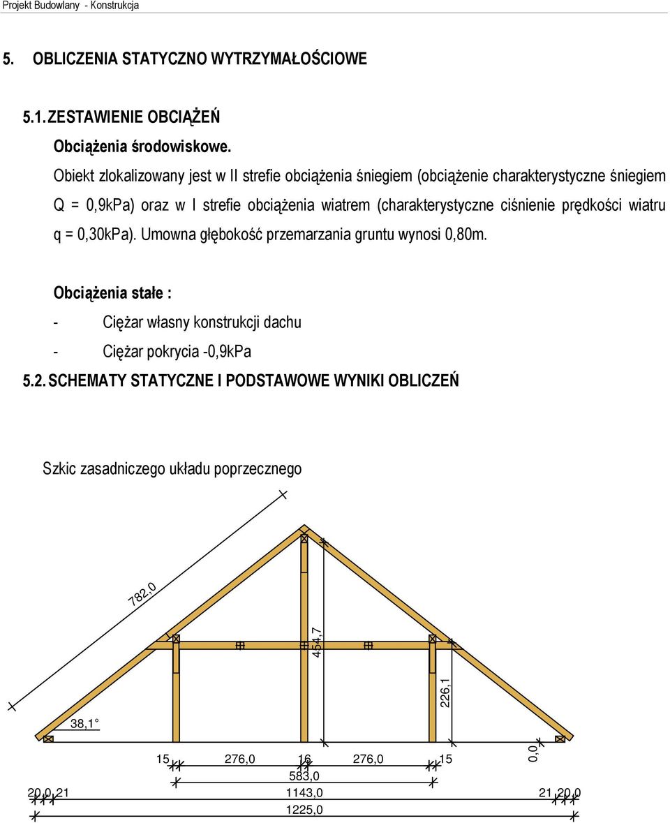 (charakterystyczne ciœnienie prêdkoœci wiatru q = 0,30kPa). Umowna gùêbokoœã przemarzania gruntu wynosi 0,80m.