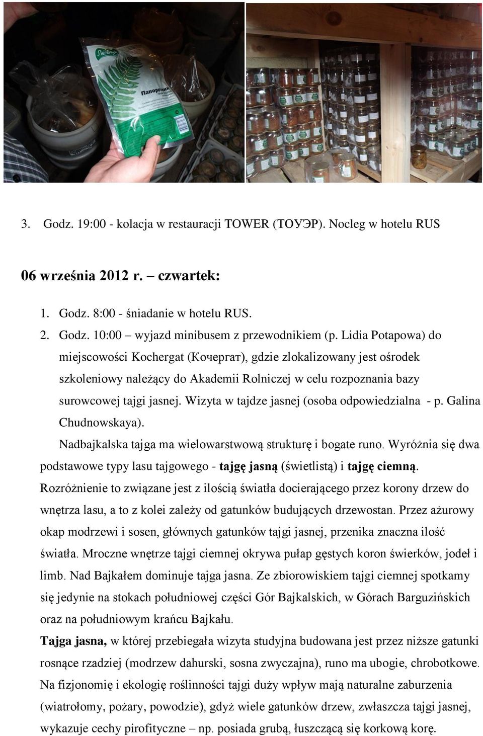 Wizyta w tajdze jasnej (osoba odpowiedzialna - p. Galina Chudnowskaya). Nadbajkalska tajga ma wielowarstwową strukturę i bogate runo.
