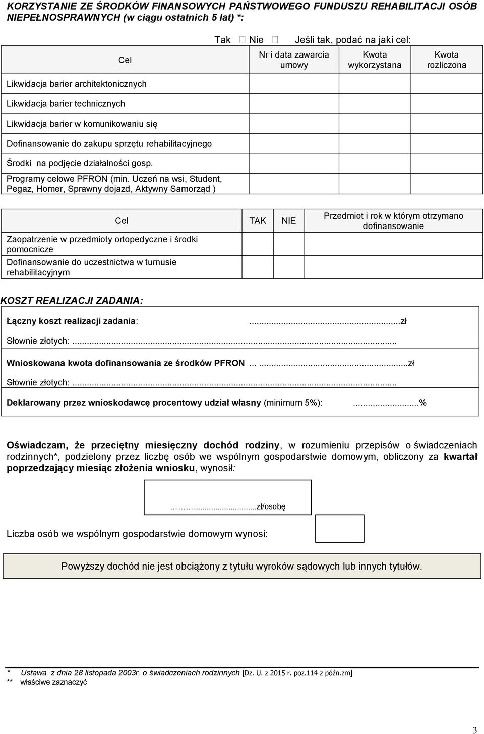 Tak Nie Nr i data zawarcia umowy Jeśli tak, podać na jaki cel: Kwota wykorzystana Kwota rozliczona Programy celowe PFRON (min.