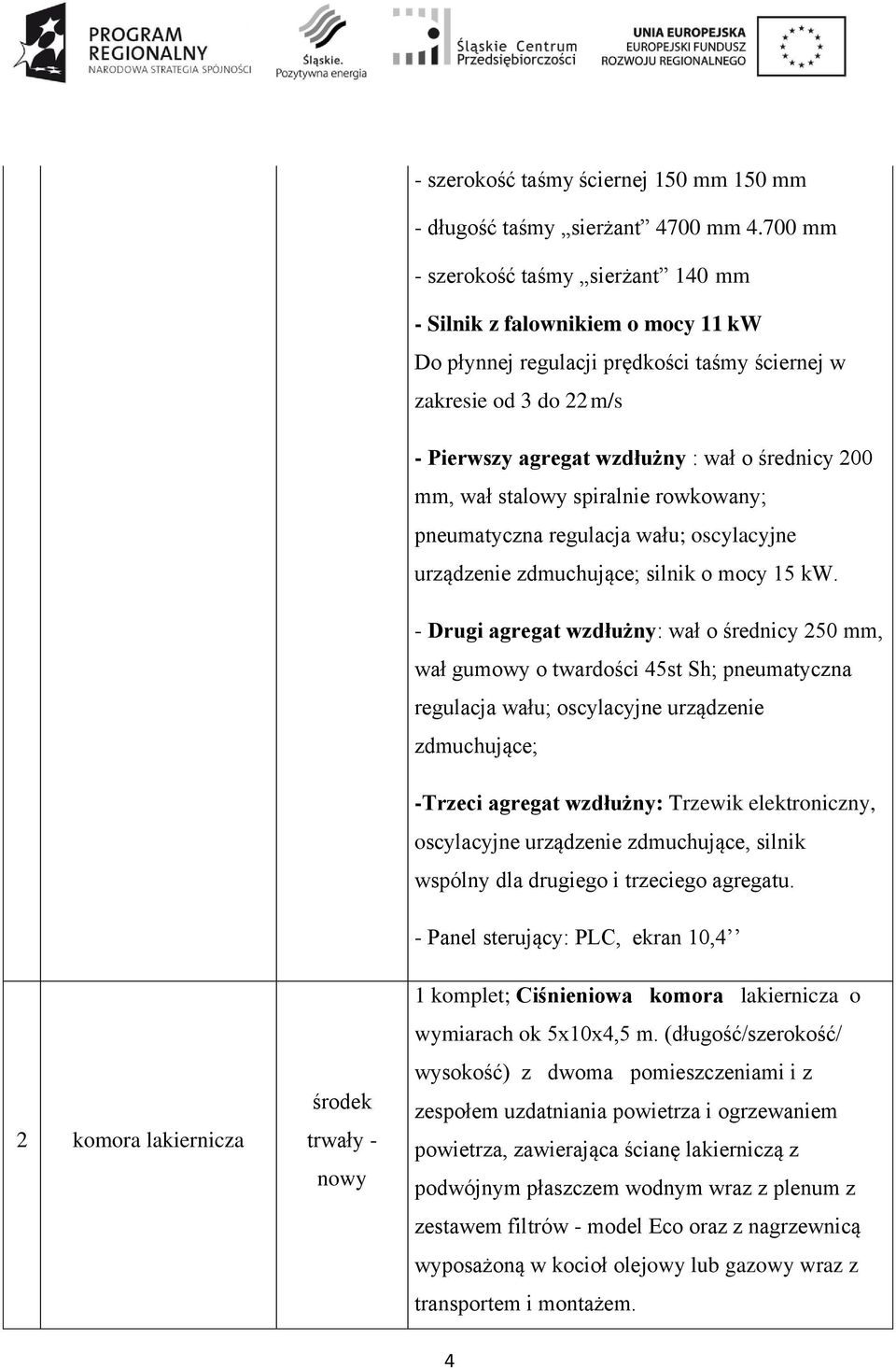 mm, wał stalowy spiralnie rowkowany; pneumatyczna regulacja wału; oscylacyjne urządzenie zdmuchujące; silnik o mocy 15 kw.