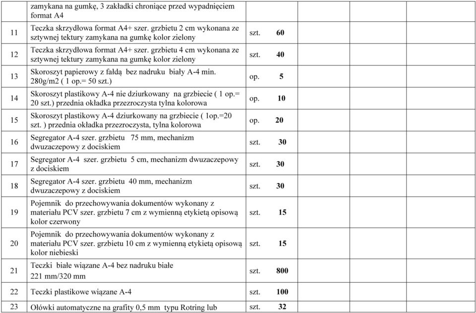 grzbietu 4 cm wykonana ze sztywnej tektury zamykana na gumkę kolor zielony Skoroszyt papierowy z fałdą bez nadruku biały A-4 min. 280g/m2 ( 1 op.= 50 szt.