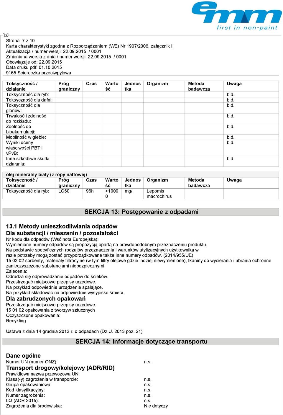 graniczny Czas Warto ść Toksyczność dla ryb: LC50 96h >1000 0 Jednos tka mg/l Organizm Lepomis macrochirus Metoda badawcza Uwaga SEKCJA 13: Postępowanie z odpadami 13.