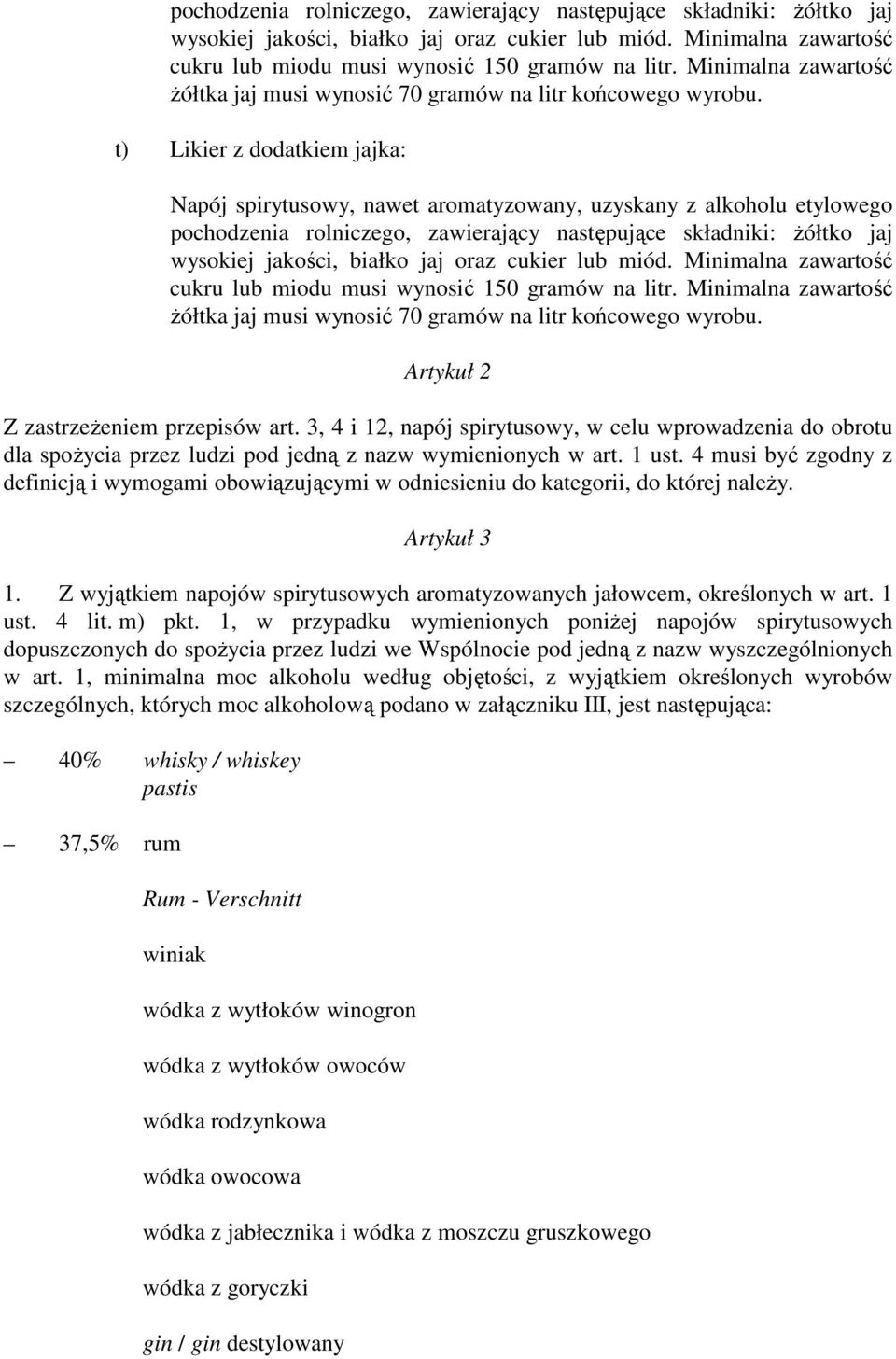 t) Likier z dodatkiem jajka: Napój spirytusowy, nawet aromatyzowany, uzyskany z alkoholu etylowego   Artykuł 2 Z zastrzeŝeniem przepisów art.