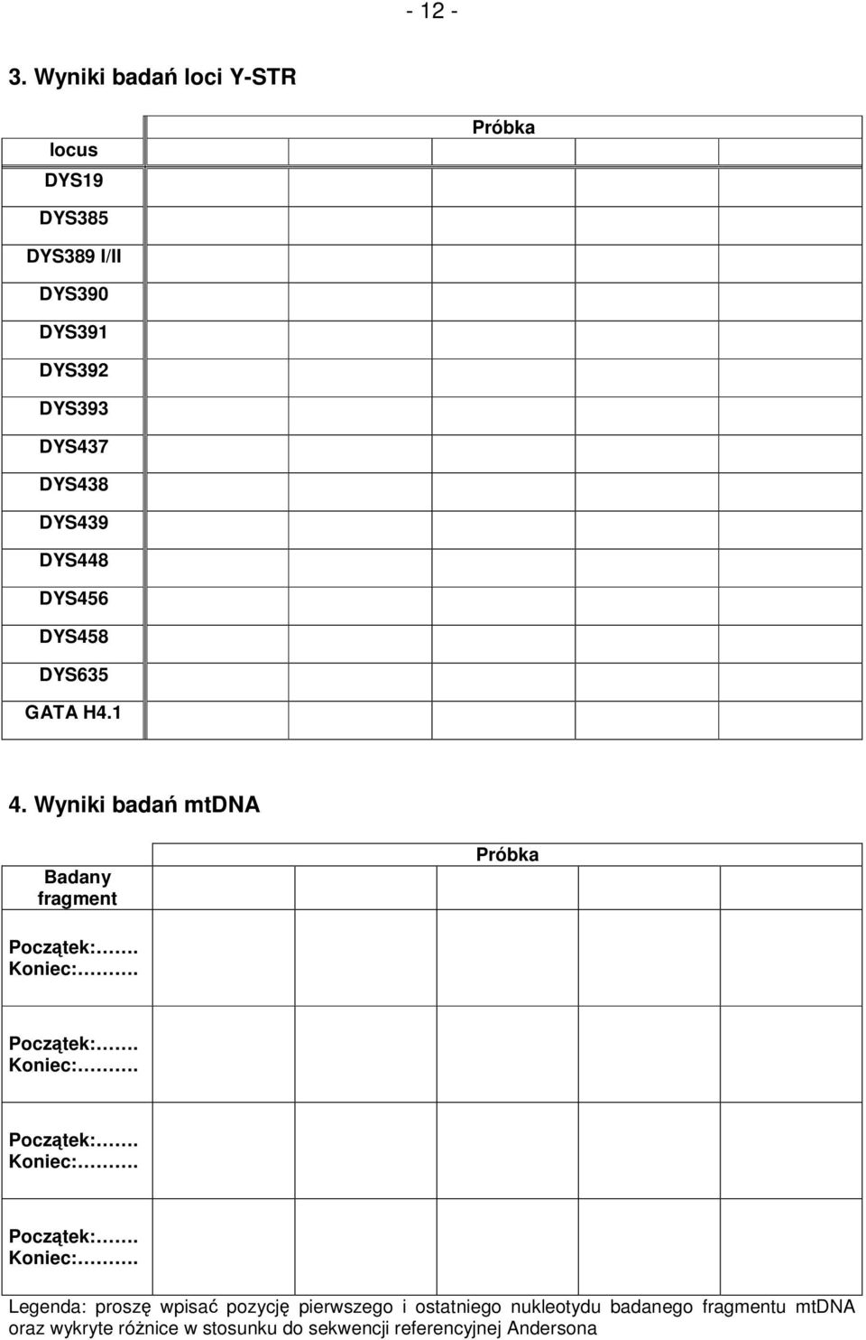 DYS439 DYS448 DYS456 DYS458 DYS635 GATA H4.1 4. Wyniki bada mtdna Badany fragment Próbka Pocztek:. Koniec:.