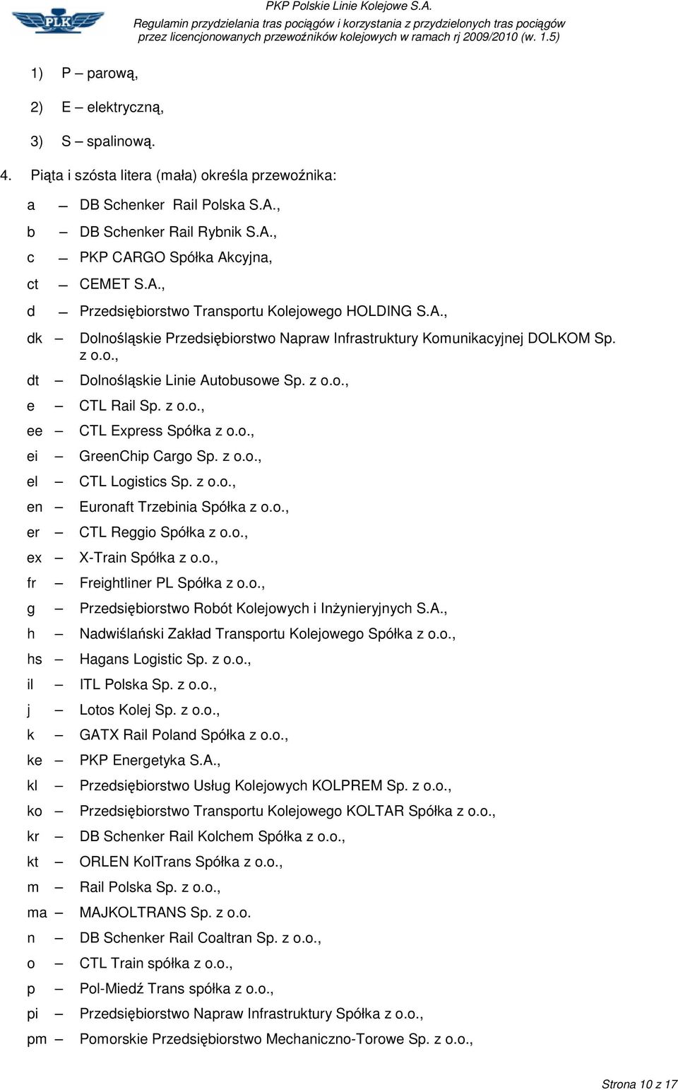 o., ei GreenChip Cargo Sp. z o.o., el CTL Logistics Sp. z o.o., en er ex Euronaft Trzebinia Spółka z o.o., CTL Reggio Spółka z o.o., X-Train Spółka z o.o., fr Freightliner PL Spółka z o.o., g Przedsibiorstwo Robót Kolejowych i Inynieryjnych S.