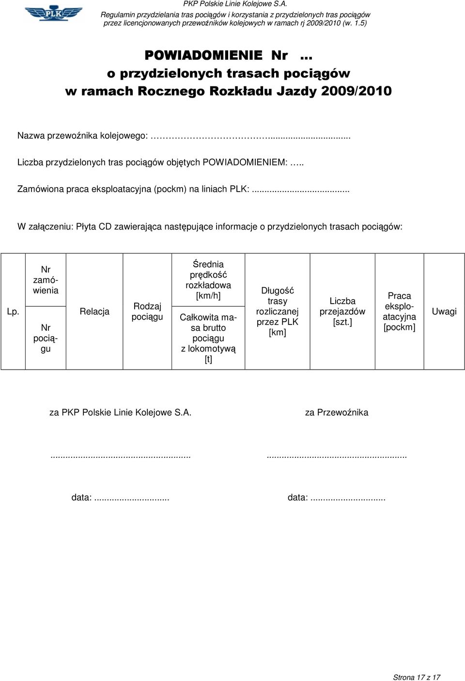 .. W załczeniu: Płyta CD zawierajca nastpujce informacje o przydzielonych trasach pocigów: Lp.
