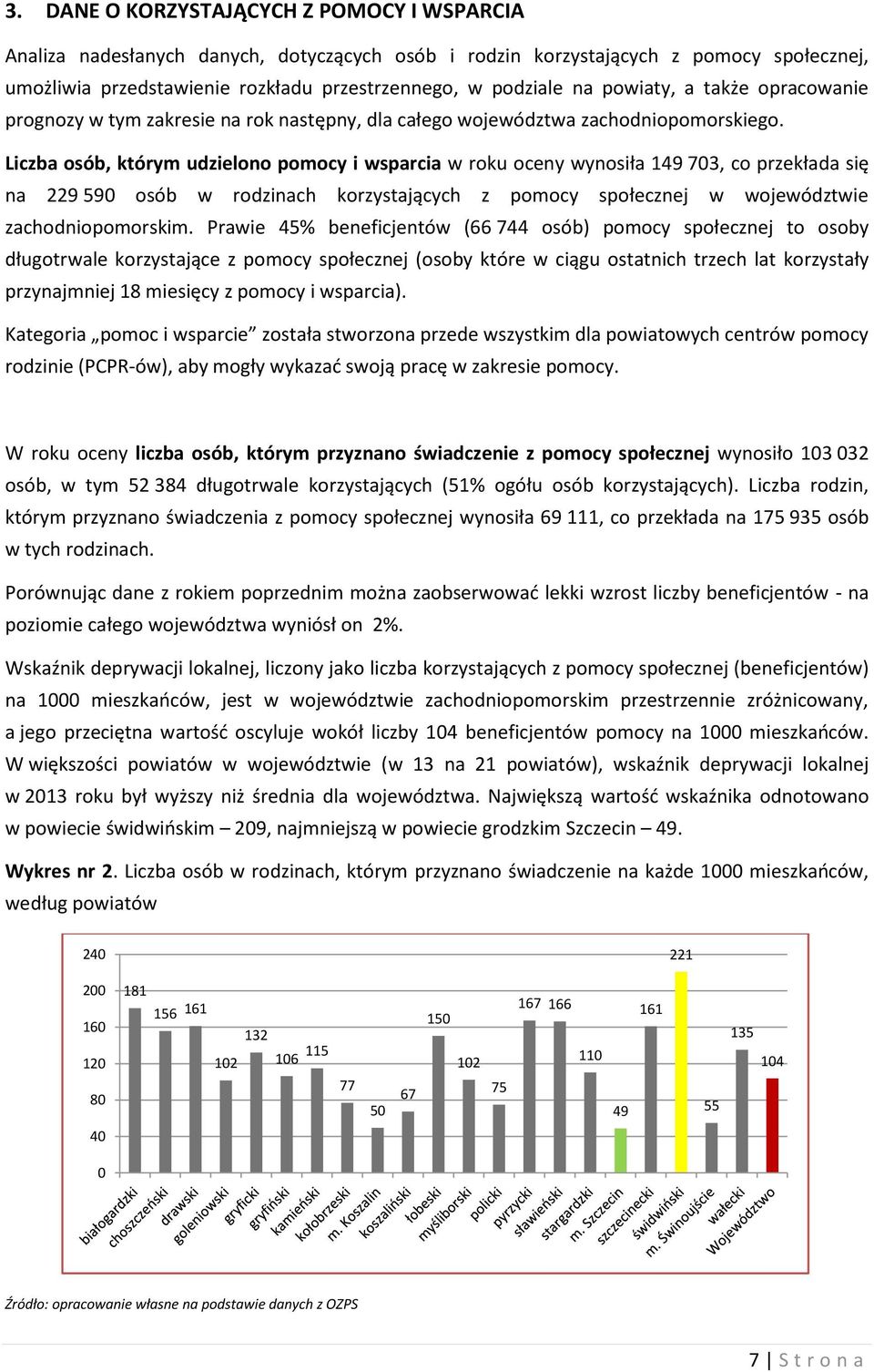 Liczba osób, którym udzielono pomocy i wsparcia w roku oceny wynosiła 149 703, co przekłada się na 229 590 osób w rodzinach korzystających z pomocy społecznej w województwie zachodniopomorskim.