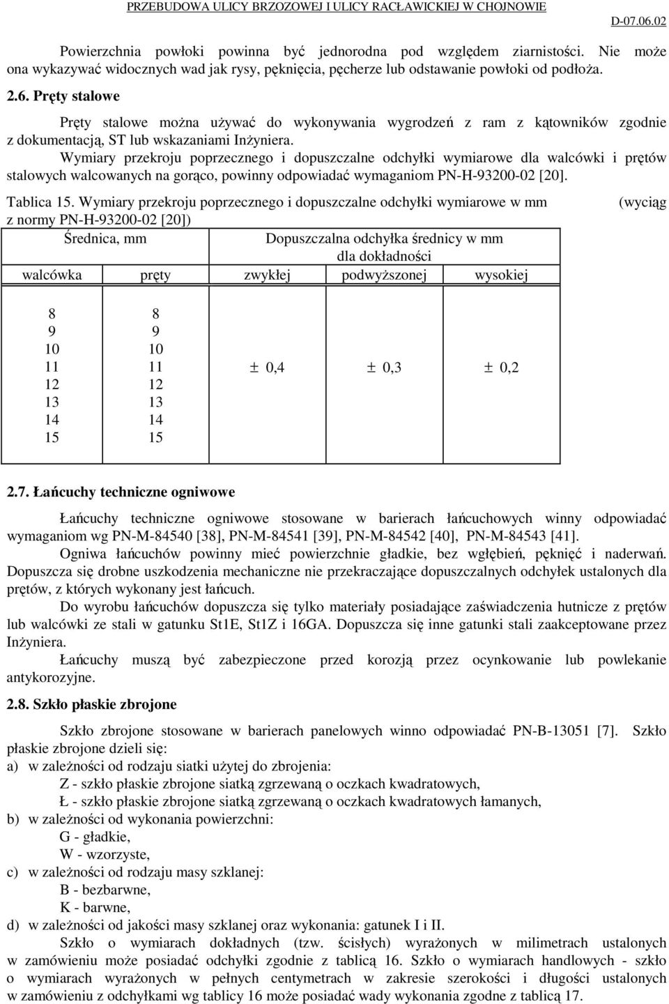 Wymiary przekroju poprzecznego i dopuszczalne odchyłki wymiarowe dla walcówki i prętów stalowych walcowanych na gorąco, powinny odpowiadać wymaganiom PN-H-93200-02 [20]. Tablica 15.