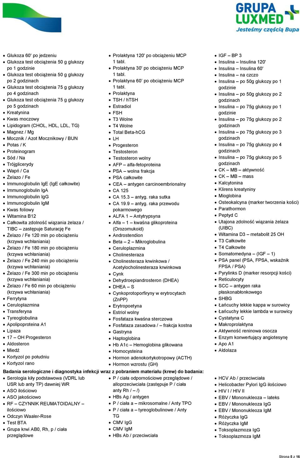 Żelazo / Fe Immunoglobulin IgE (IgE całkowite) Immunoglobulin IgA Immunoglobulin IgG Immunoglobulin IgM Kwas foliowy Witamina B12 Całkowita zdolność wiązania żelaza / TIBC zastępuje Saturację Fe