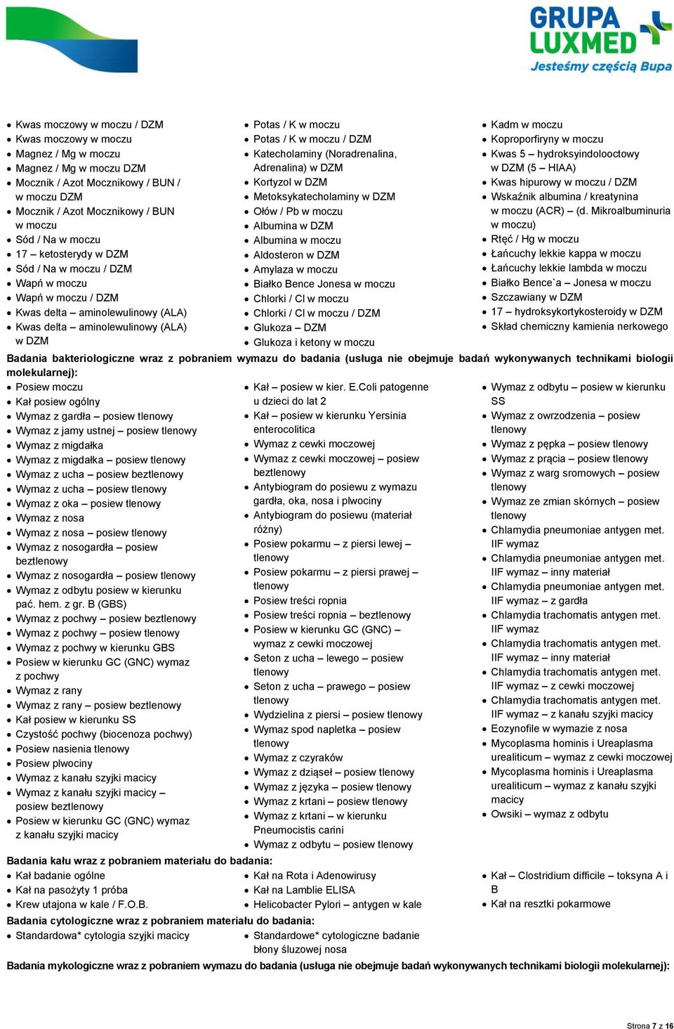 Katecholaminy (Noradrenalina, Adrenalina) w DZM Kortyzol w DZM Metoksykatecholaminy w DZM Ołów / Pb w moczu Albumina w DZM Albumina w moczu Aldosteron w DZM Amylaza w moczu Białko Bence Jonesa w