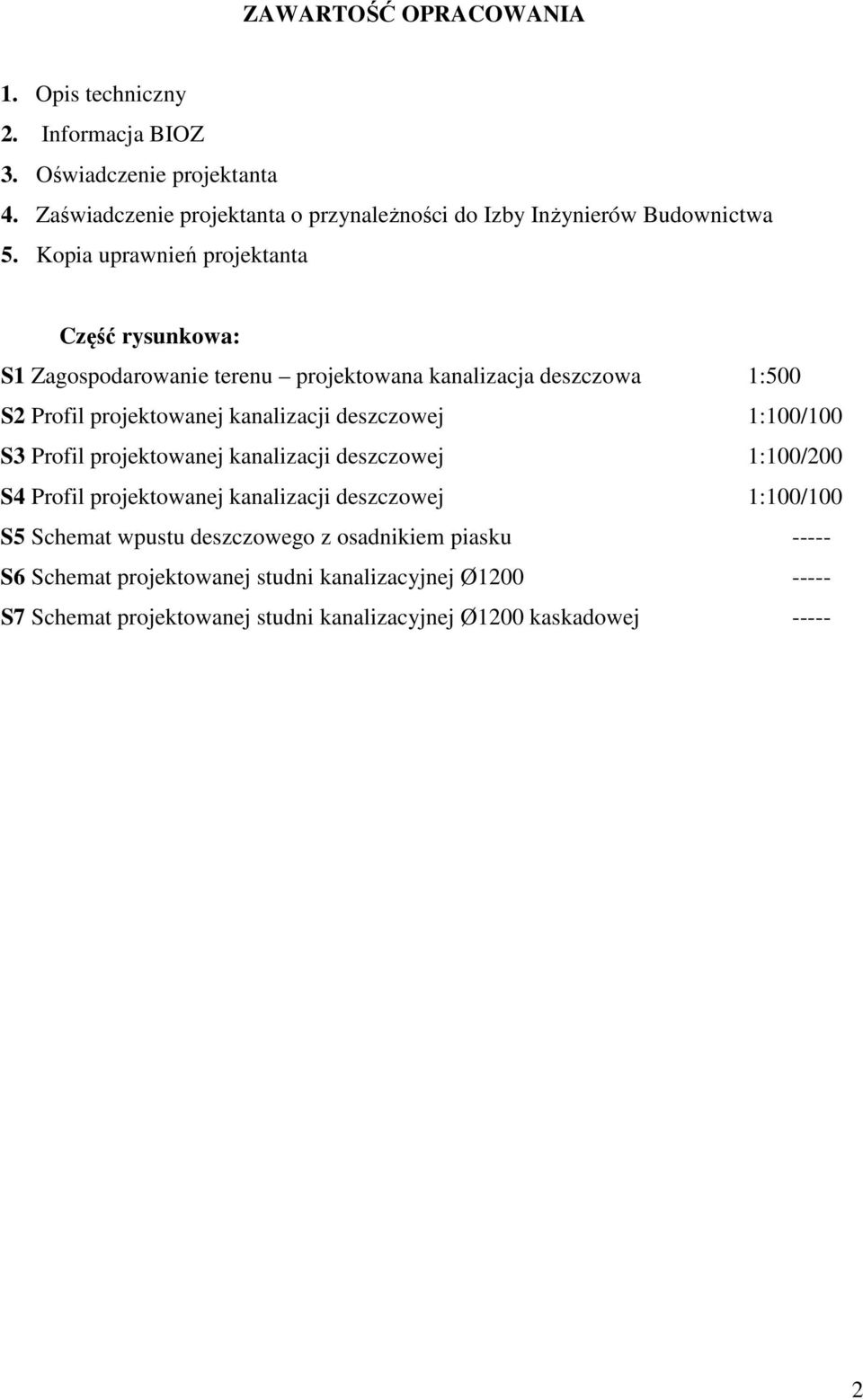 Kopia uprawnień projektanta Część rysunkowa: S1 Zagospodarowanie terenu projektowana kanalizacja deszczowa 1:500 S2 Profil projektowanej kanalizacji deszczowej