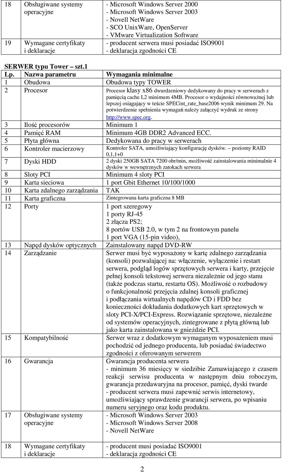 1 1 Obudowa Obudowa typy TOWER 2 Procesor Procesor klasy x86 dwurdzeniowy dedykowany do pracy w serwerach z pamięcią cache L2 minimum 4MB.