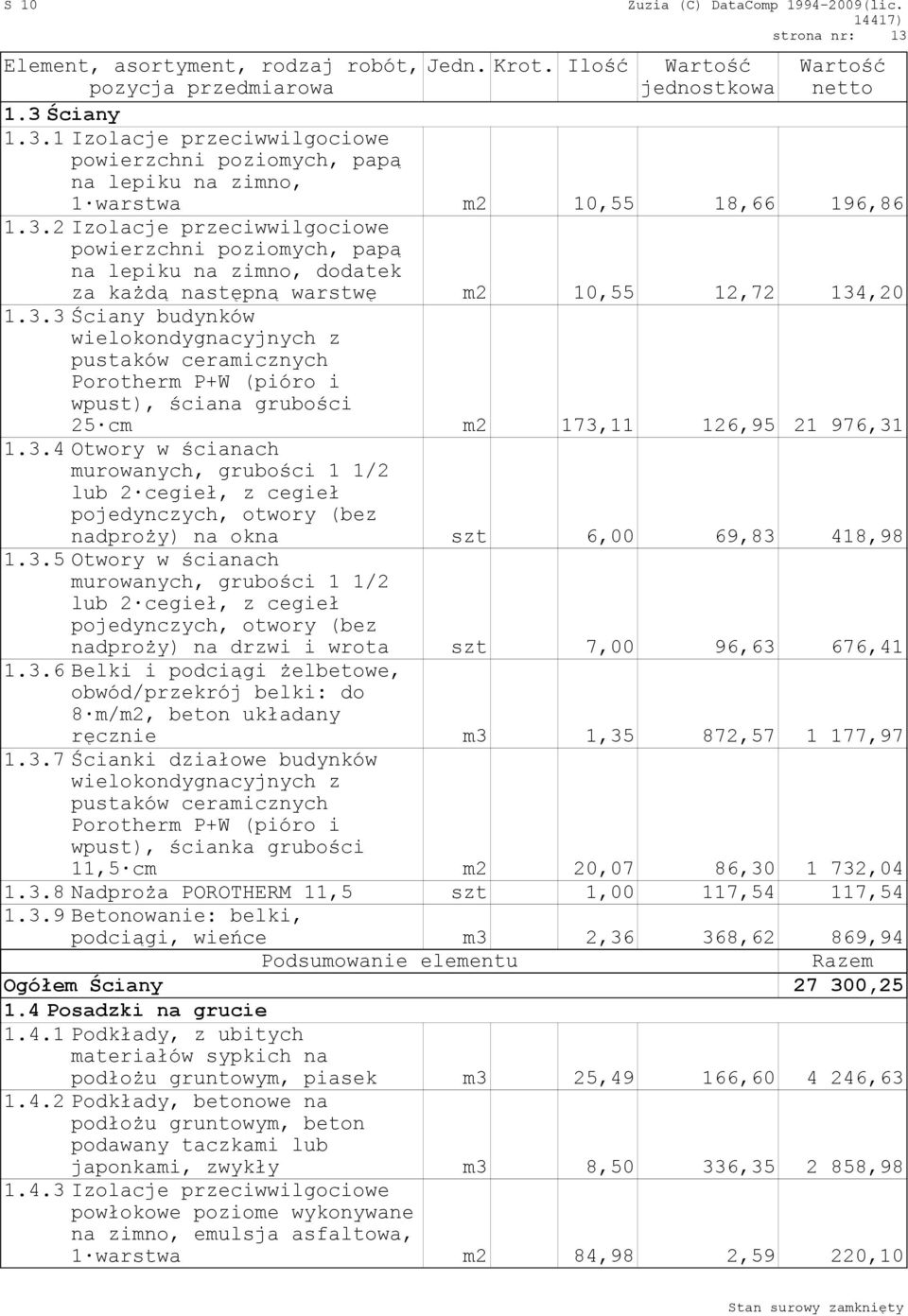 3.4 Otwory w ścianach murowanych, grubości 1 1/2 lub 2 cegieł, z cegieł pojedynczych, otwory (bez nadproży) na okna szt 6,00 69,83 418,98 1.3.5 Otwory w ścianach murowanych, grubości 1 1/2 lub 2 cegieł, z cegieł pojedynczych, otwory (bez nadproży) na drzwi i wrota szt 7,00 96,63 676,41 1.