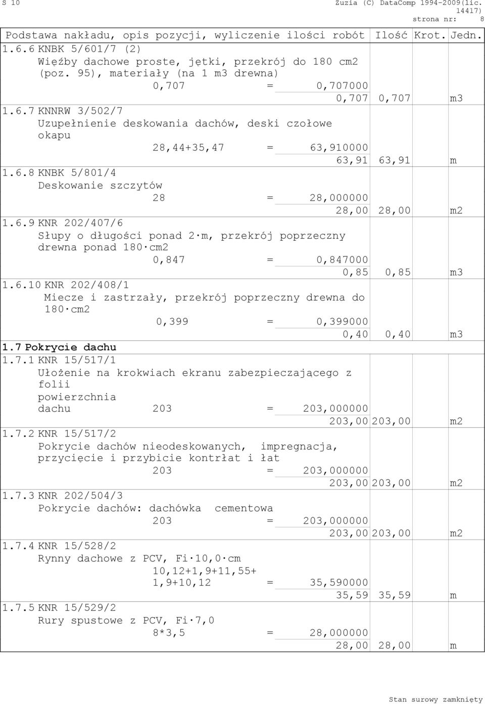 7 Pokrycie dachu 1.7.1 KNR 15/517/1 Ułożenie na krokwiach ekranu zabezpieczającego z folii powierzchnia dachu 203 = 203,000000 203,00 203,00 m2 1.7.2 KNR 15/517/2 Pokrycie dachów nieodeskowanych, impregnacja, przycięcie i przybicie kontrłat i łat 203 = 203,000000 203,00 203,00 m2 1.