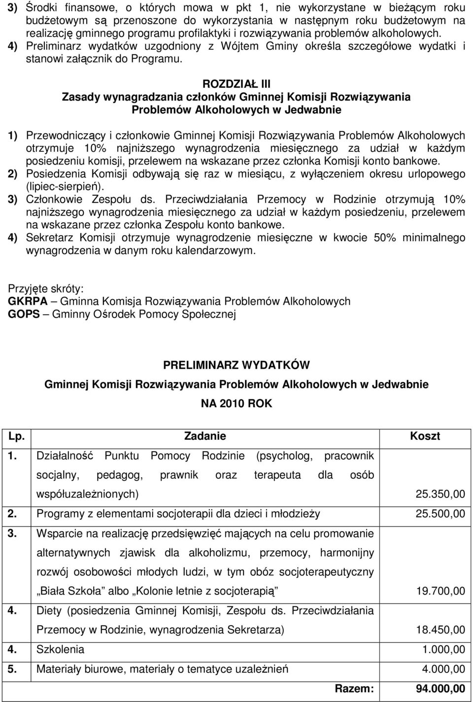 ROZDZIAŁ III Zasady wynagradzania członków Gminnej Komisji Rozwiązywania Problemów Alkoholowych w Jedwabnie 1) Przewodniczący i członkowie Gminnej Komisji Rozwiązywania Problemów Alkoholowych