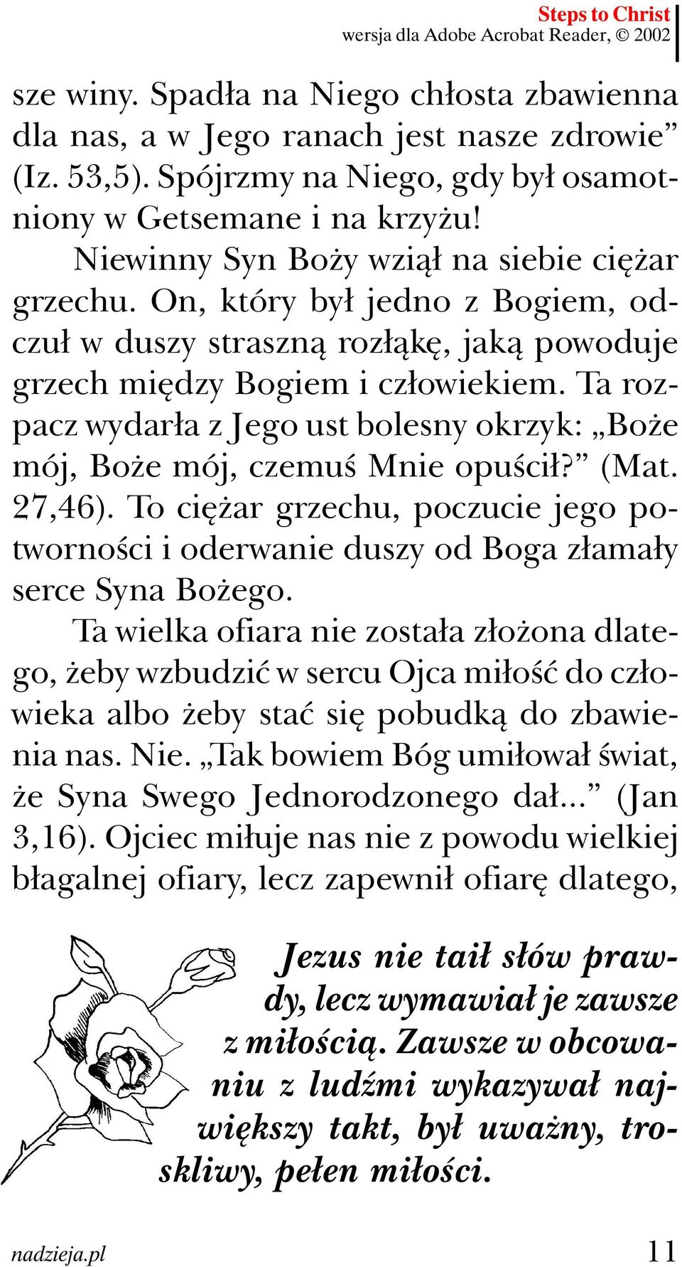 On, który był jedno z Bogiem, odczuł w duszy straszną rozłąkę, jaką powoduje grzech między Bogiem i człowiekiem. Ta rozpacz wydarła z Jego ust bolesny okrzyk: Boże mój, Boże mój, czemuś Mnie opuścił?