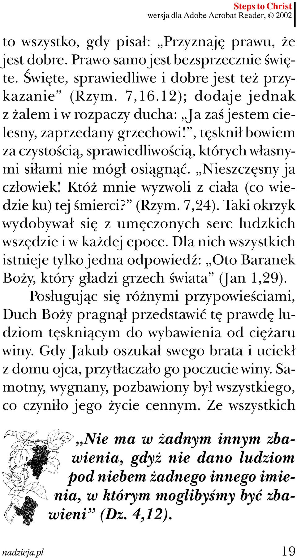 , tęsknił bowiem za czystością, sprawiedliwością, których własnymi siłami nie mógł osiągnąć. Nieszczęsny ja człowiek! Któż mnie wyzwoli z ciała (co wiedzie ku) tej śmierci? (Rzym. 7,24).