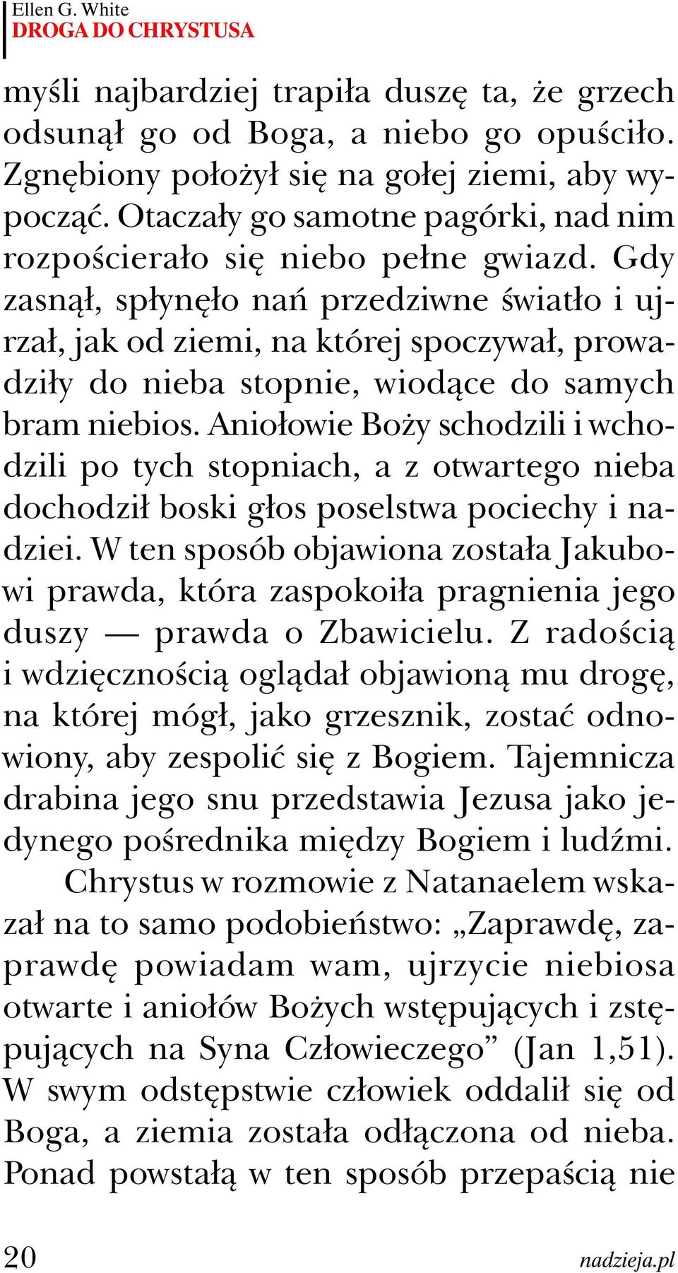 Gdy zasnął, spłynęło nań przedziwne światło i ujrzał, jak od ziemi, na której spoczywał, prowadziły do nieba stopnie, wiodące do samych bram niebios.