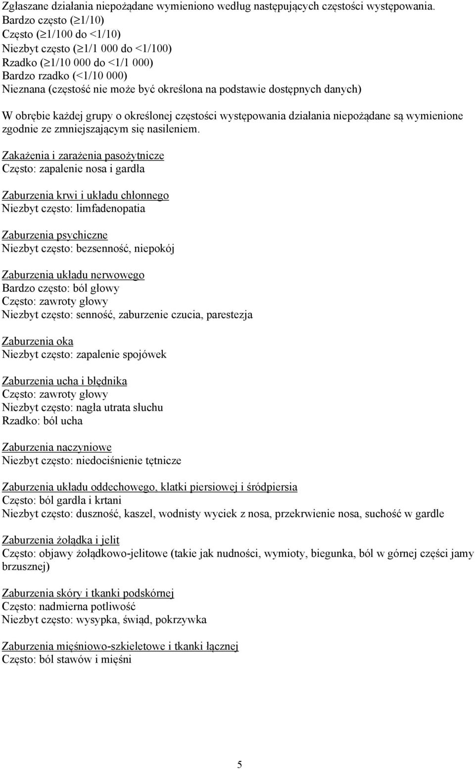 dostępnych danych) W obrębie każdej grupy o określonej częstości występowania działania niepożądane są wymienione zgodnie ze zmniejszającym się nasileniem.