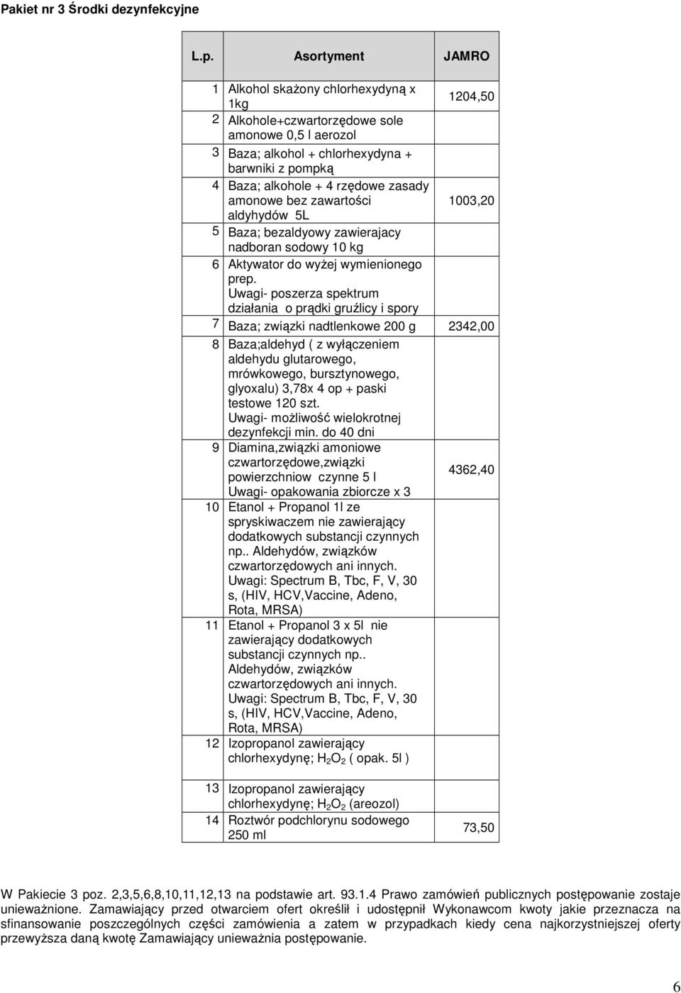zasady amonowe bez zawartości 1003,20 aldyhydów 5L 5 Baza; bezaldyowy zawierajacy nadboran sodowy 10 kg 6 Aktywator do wyŝej wymienionego prep.
