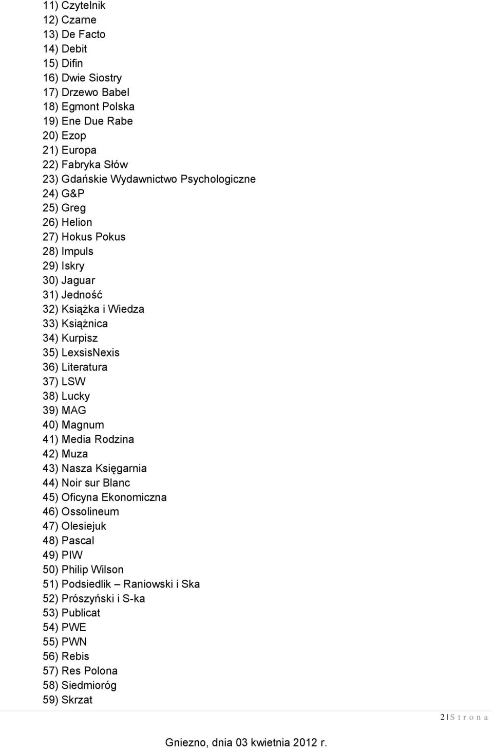 36) Literatura 37) LSW 38) Lucky 39) MAG 40) Magnum 41) Media Rodzina 42) Muza 43) Nasza Księgarnia 44) Noir sur Blanc 45) Oficyna Ekonomiczna 46) Ossolineum 47) Olesiejuk 48)