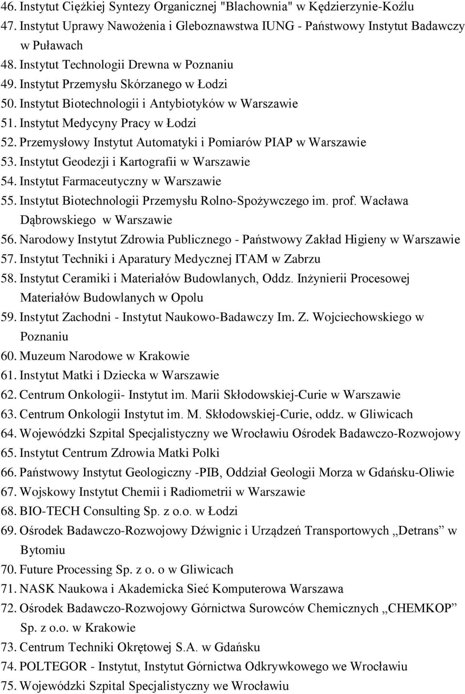 Przemysłowy Instytut Automatyki i Pomiarów PIAP w Warszawie 53. Instytut Geodezji i Kartografii w Warszawie 54. Instytut Farmaceutyczny w Warszawie 55.