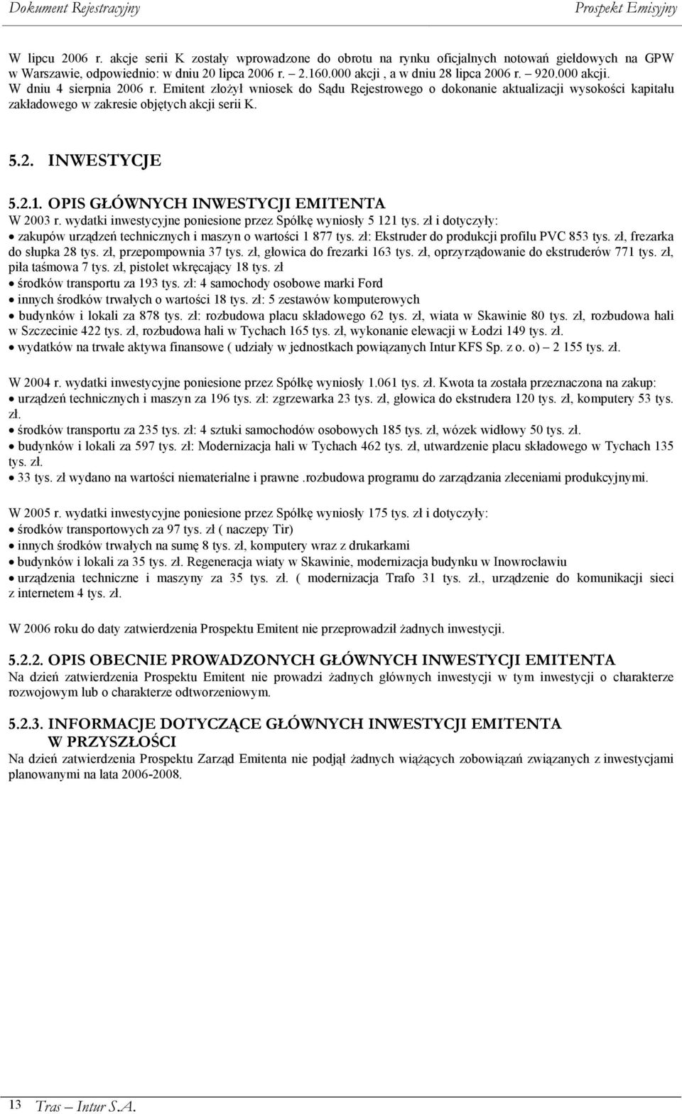 OPIS GŁÓWNYCH INWESTYCJI EMITENTA W 2003 r. wydatki inwestycyjne poniesione przez Spółkę wyniosły 5 121 tys. zł i dotyczyły: zakupów urządzeń technicznych i maszyn o wartości 1 877 tys.