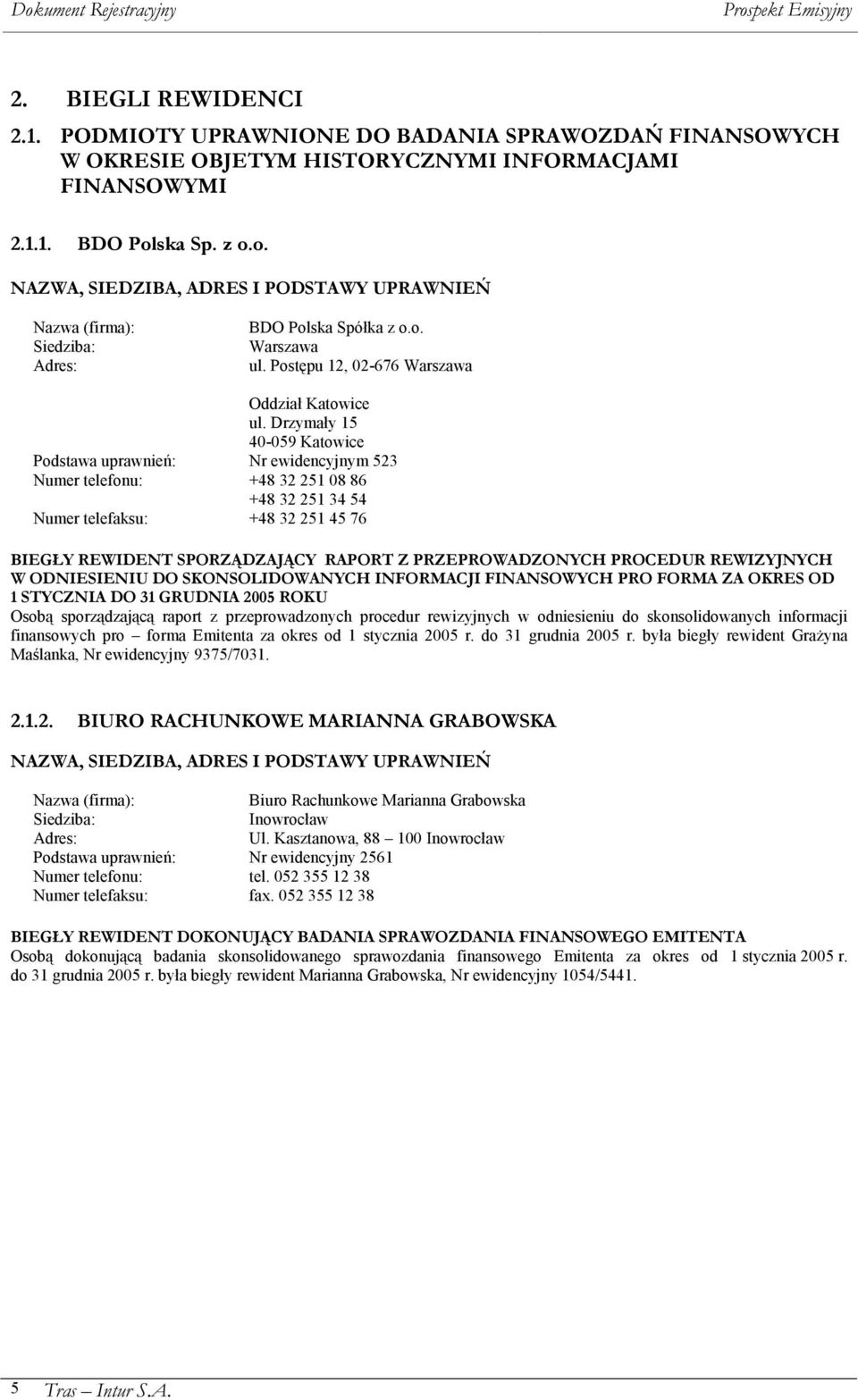 Drzymały 15 40-059 Katowice Podstawa uprawnień: Nr ewidencyjnym 523 Numer telefonu: +48 32 251 08 86 +48 32 251 34 54 Numer telefaksu: +48 32 251 45 76 BIEGŁY REWIDENT SPORZĄDZAJĄCY RAPORT Z