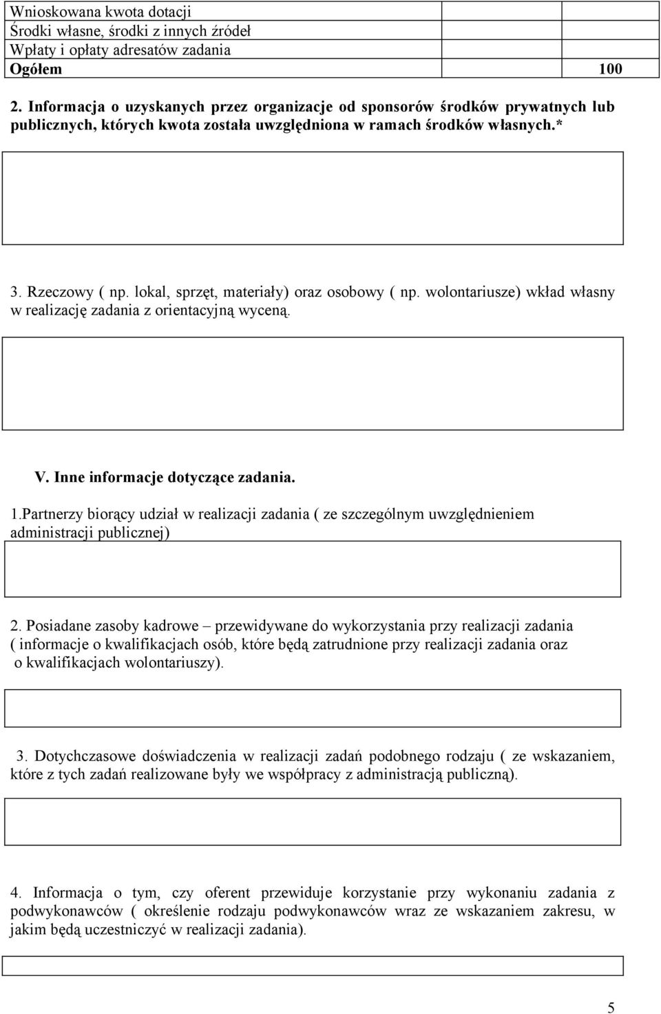 lokal, sprzęt, materiały) oraz osobowy ( np. wolontariusze) wkład własny w realizację zadania z orientacyjną wyceną. V. Inne informacje dotyczące zadania. 1.